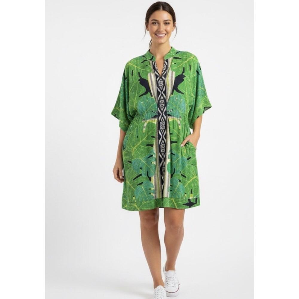Yoana Baraschi Sz Med 100% Silk Tropical leaf green monstera dress Boho Tribal
